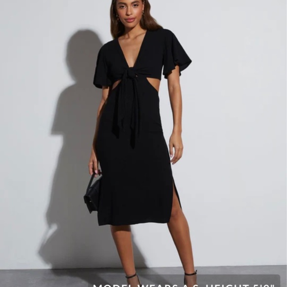 Linen Blend Tie Front Cutout Midi Dress - Picture 4 of 4